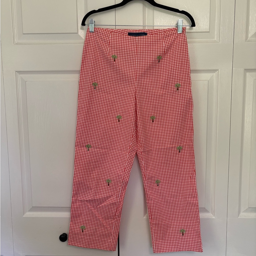 Orange Gingham Pants with Embroidered Palm Trees